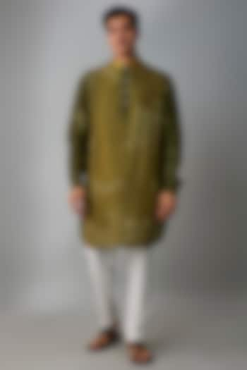 Olive Green Silk Machine Embroidered Kurta Set by Krishna Mehta Men