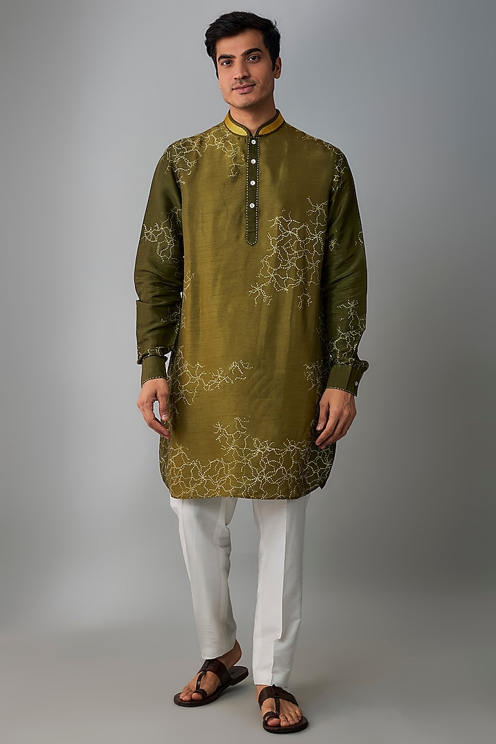 Olive Green Silk Machine Embroidered Kurta Set by Krishna Mehta Men