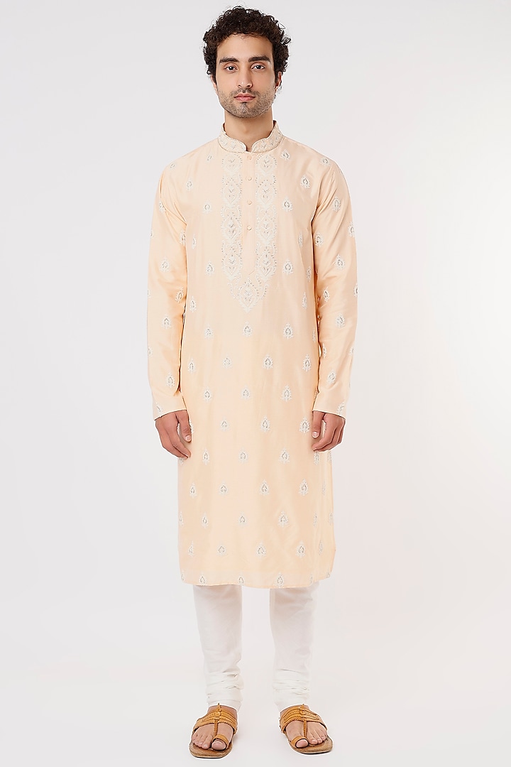 Peach Embroidered Kurta Set by Krishna Mehta Men