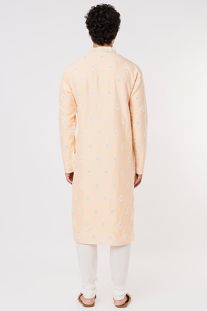 Peach Viscose Cotton Cord Hand Embroidered Kurta Set by Krishna Mehta Men at Pernia's Pop Up Shop