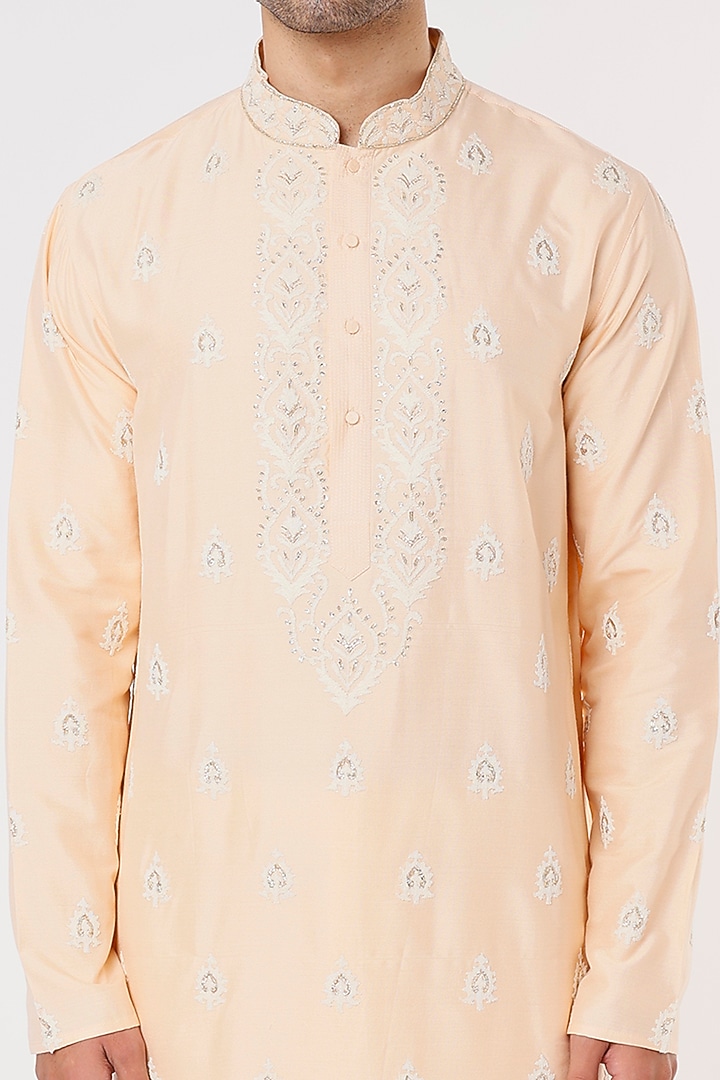 Peach Viscose Cotton Cord Hand Embroidered Kurta Set by Krishna Mehta Men at Pernia's Pop Up Shop