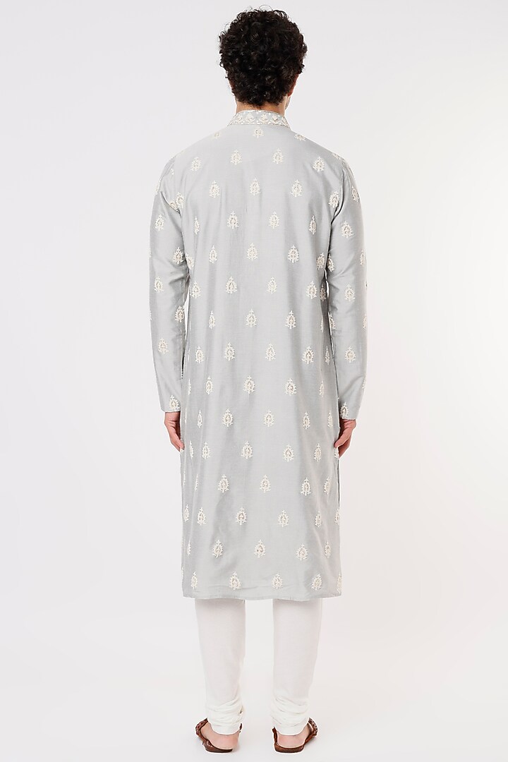 Grey Viscose Cotton Pitta Hand Embroidered Kurta Set by Krishna Mehta Men at Pernia's Pop Up Shop