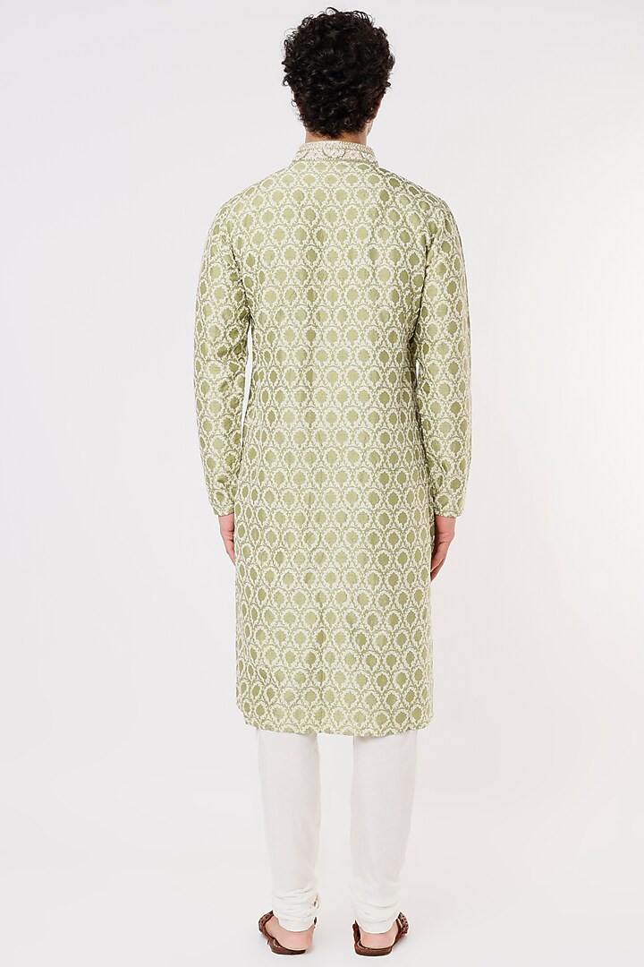 Olive Green Tussar Block Printed & Hand Embroidered Kurta Set by Krishna Mehta Men at Pernia's Pop Up Shop