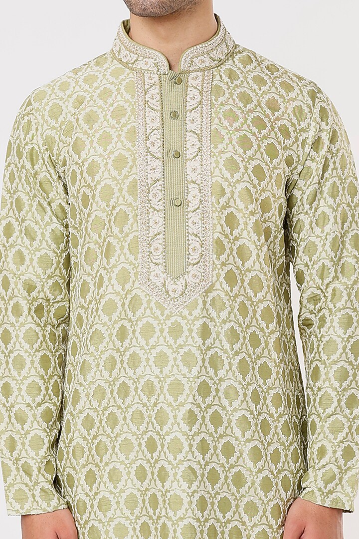 Olive Green Tussar Block Printed & Hand Embroidered Kurta Set by Krishna Mehta Men at Pernia's Pop Up Shop