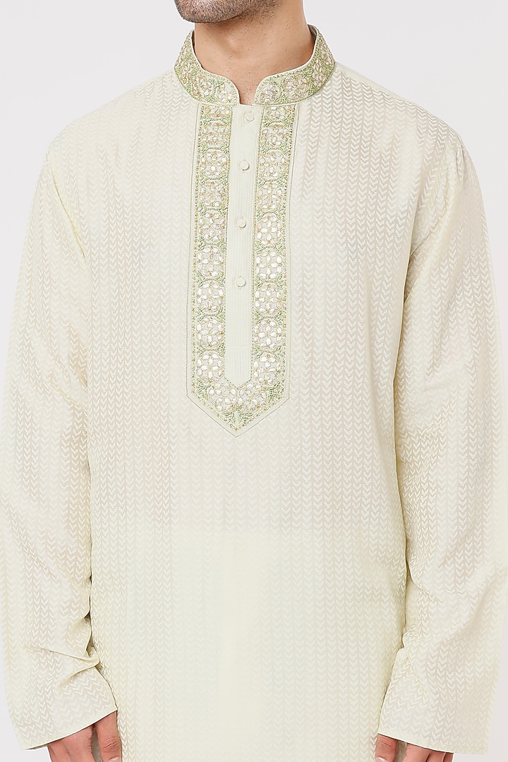 White Tussar Gota Hand Embroidered Kurta Set by Krishna Mehta Men at Pernia's Pop Up Shop