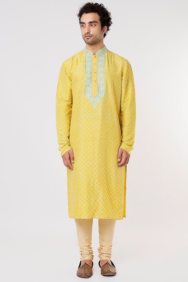Yellow Embroidered Kurta Set by Krishna Mehta Men