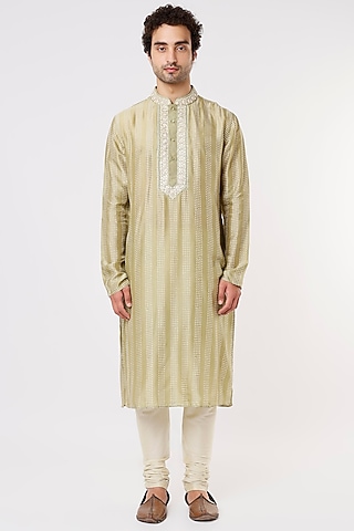 Light Olive Green Tussar Zardosi Embroidered Kurta Set by Krishna Mehta Men