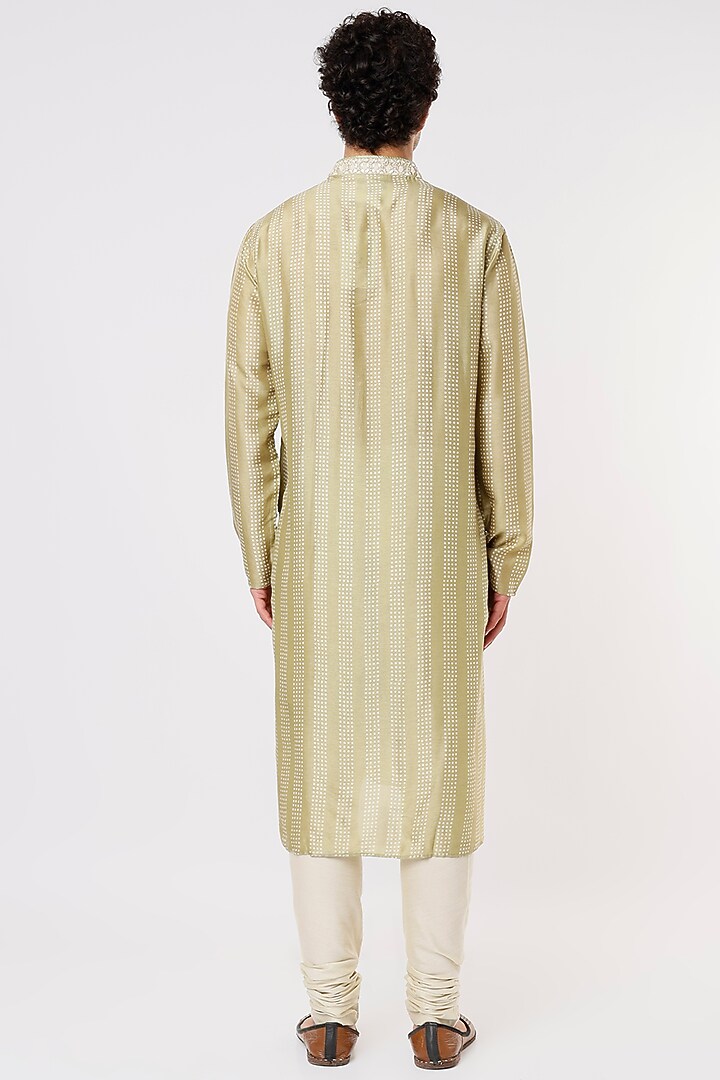 Light Olive Green Tussar Zardosi Embroidered Kurta Set by Krishna Mehta Men at Pernia's Pop Up Shop