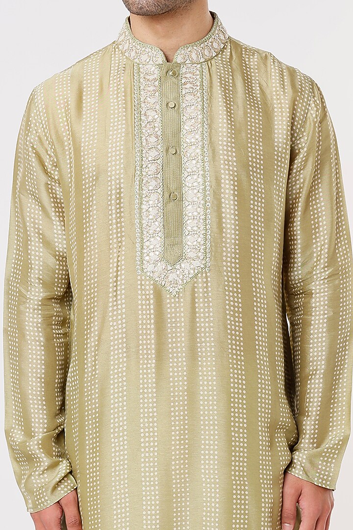Light Olive Green Tussar Zardosi Embroidered Kurta Set by Krishna Mehta Men at Pernia's Pop Up Shop