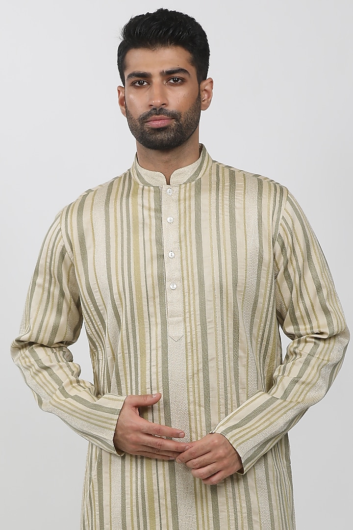 Beige Cotton Viscose Textured Kurta Set by Krishna Mehta Men at Pernia's Pop Up Shop