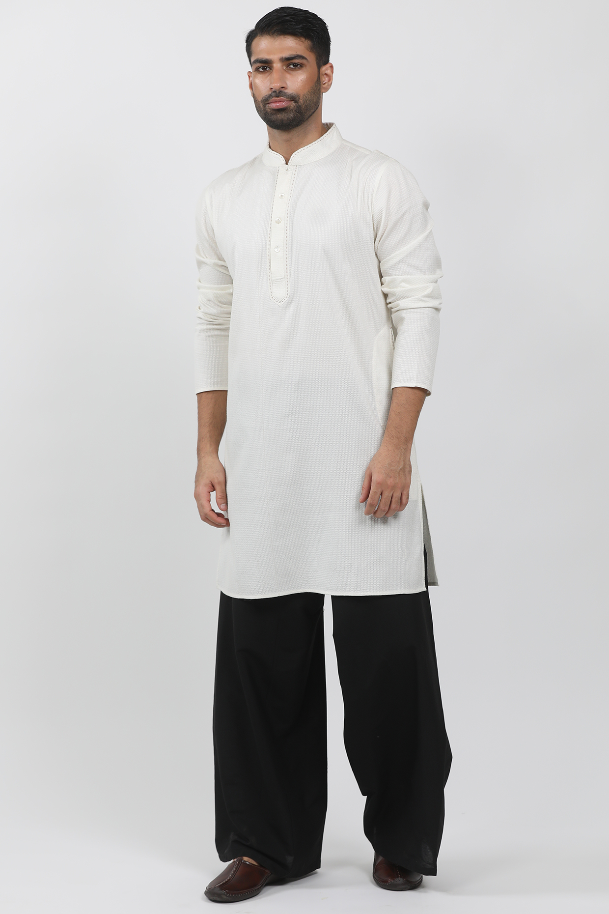Off-White Cotton Viscose Textured Kurta Set by Krishna Mehta Men at Pernia's Pop Up Shop