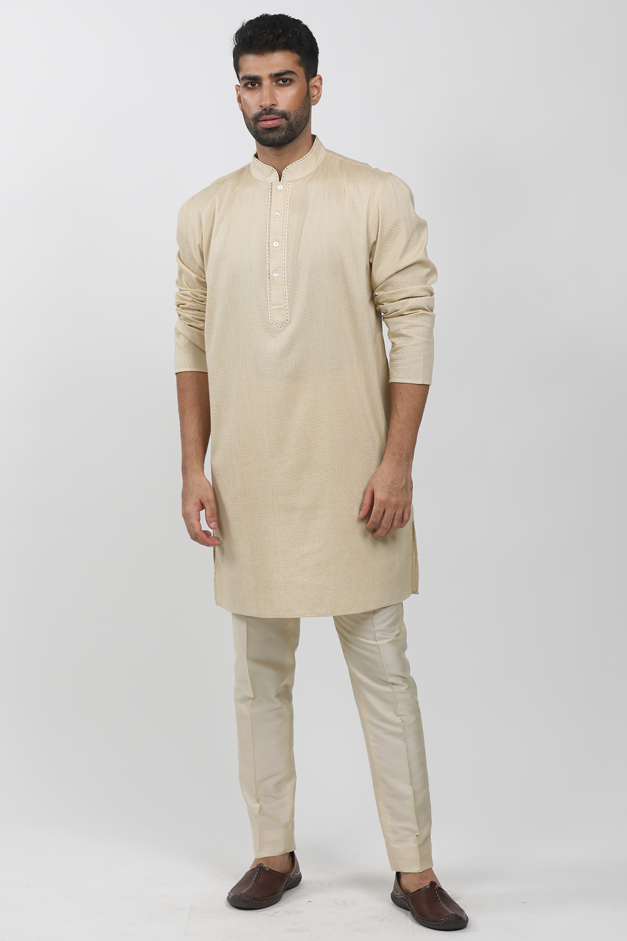Beige Cotton Viscose Textured Kurta Set by Krishna Mehta Men at Pernia's Pop Up Shop