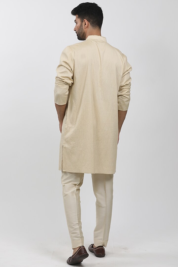 Beige Cotton Viscose Textured Kurta Set by Krishna Mehta Men at Pernia's Pop Up Shop