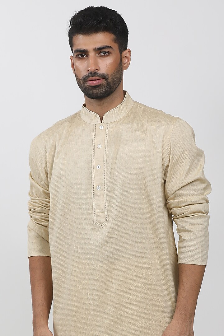 Beige Cotton Viscose Textured Kurta Set by Krishna Mehta Men at Pernia's Pop Up Shop