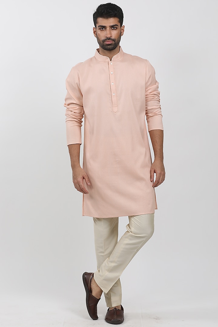 Peach Cotton Viscose Textured Kurta Set by Krishna Mehta Men