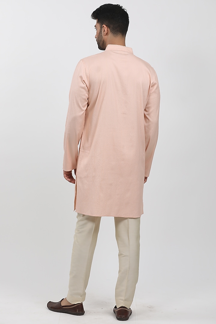 Peach Cotton Viscose Textured Kurta Set by Krishna Mehta Men at Pernia's Pop Up Shop