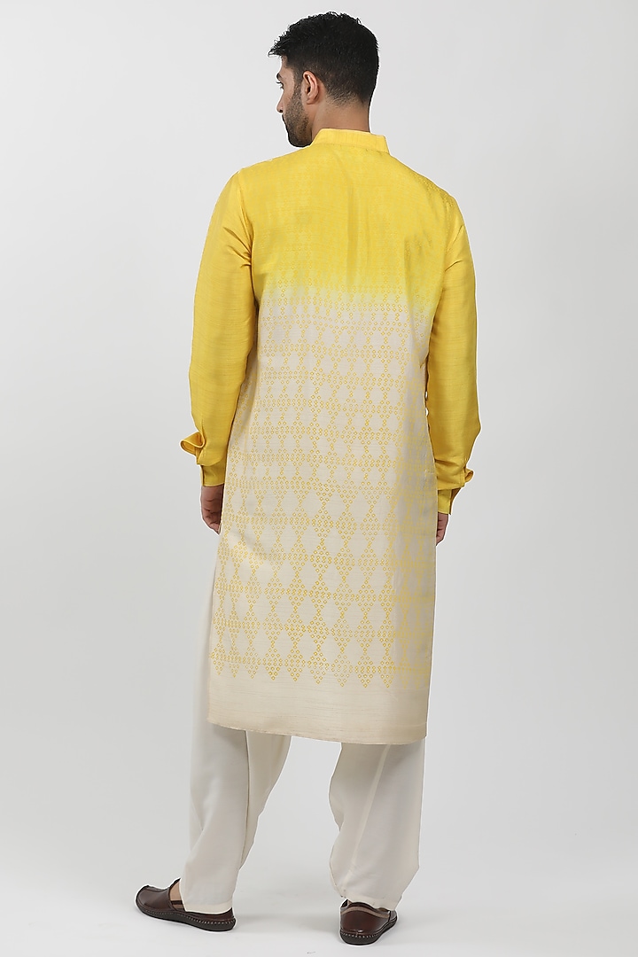 Yellow & Ecru Tussar Hand Block Printed Kurta Set by Krishna Mehta Men at Pernia's Pop Up Shop