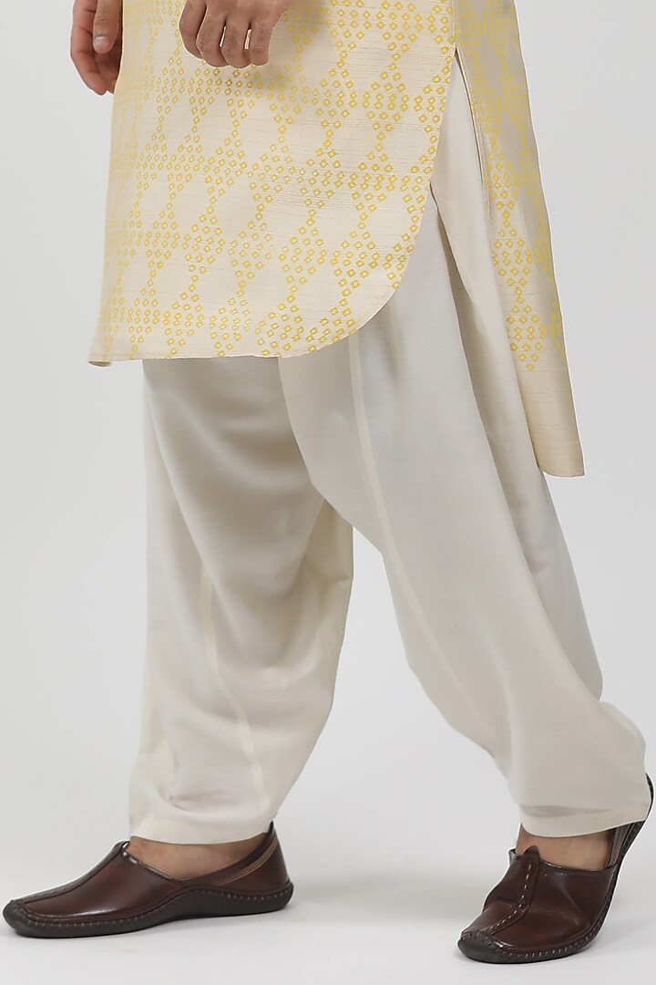 Yellow & Ecru Tussar Hand Block Printed Kurta Set by Krishna Mehta Men at Pernia's Pop Up Shop
