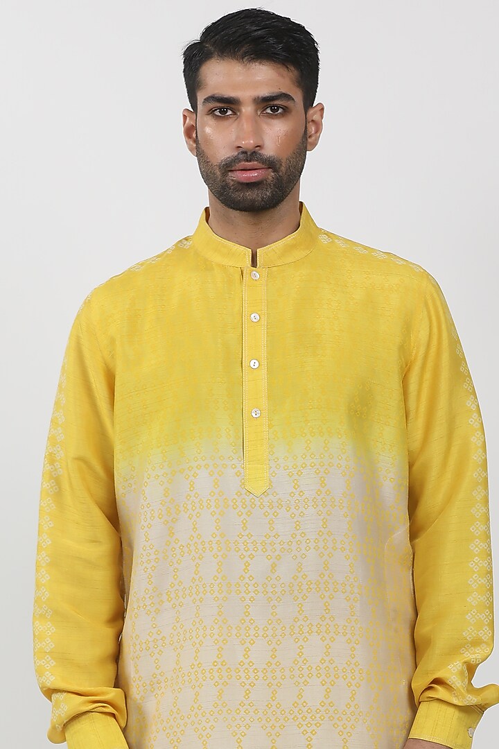 Yellow & Ecru Tussar Hand Block Printed Kurta Set by Krishna Mehta Men at Pernia's Pop Up Shop