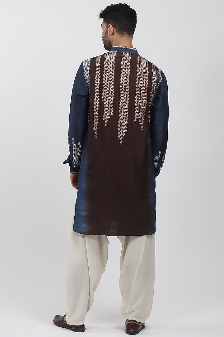 Indigo & Brown Tussar Hand Block Printed Kurta Set by Krishna Mehta Men at Pernia's Pop Up Shop