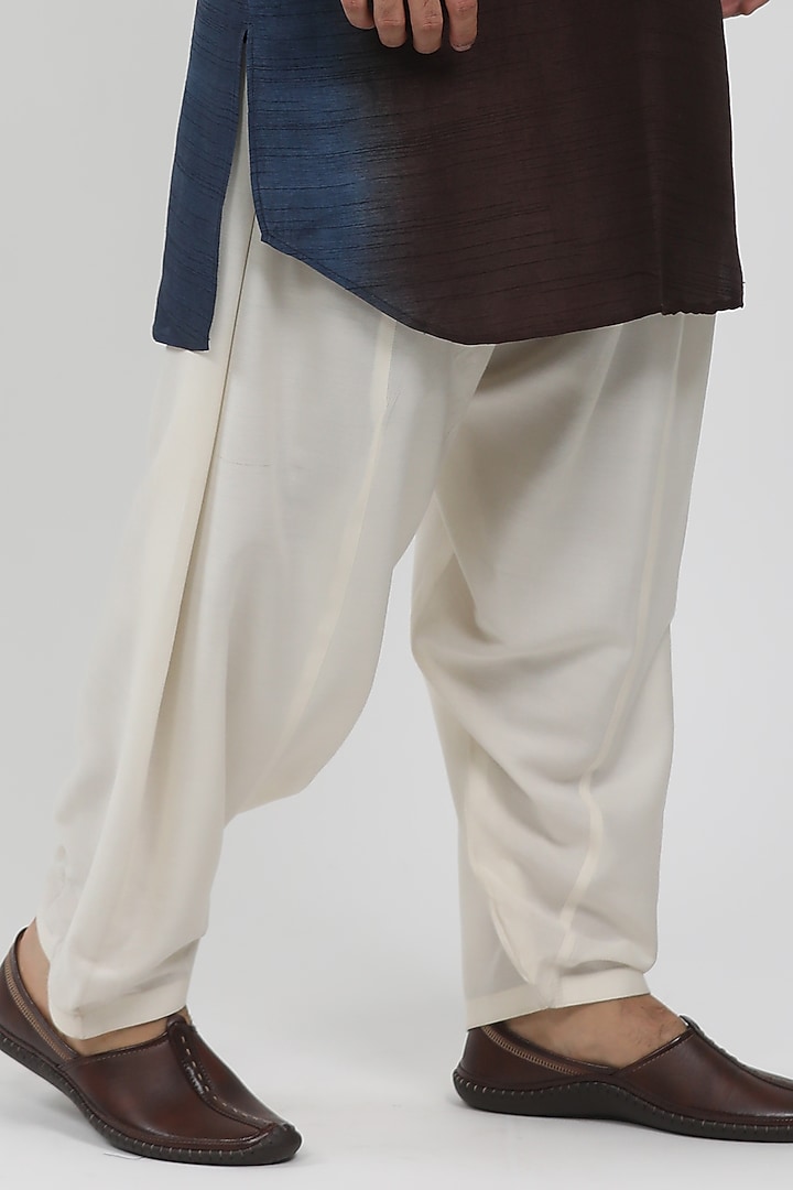 Indigo & Brown Tussar Hand Block Printed Kurta Set by Krishna Mehta Men at Pernia's Pop Up Shop
