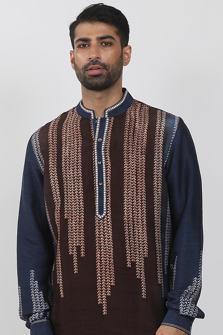 Indigo & Brown Tussar Hand Block Printed Kurta Set by Krishna Mehta Men at Pernia's Pop Up Shop