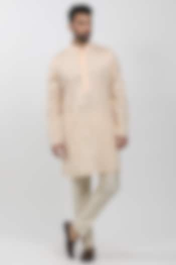 Peach Cotton Viscose Embroidered Kurta Set by Krishna Mehta Men