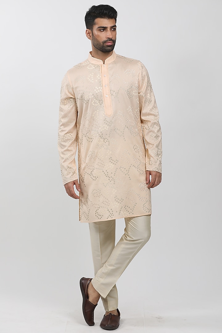 Peach Cotton Viscose Embroidered Kurta Set by Krishna Mehta Men