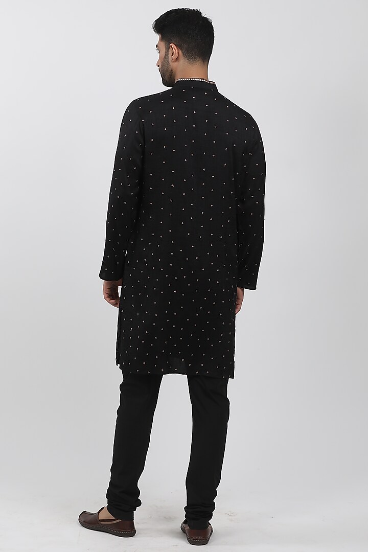 Black Tussar Embroidered Kurta Set by Krishna Mehta Men at Pernia's Pop Up Shop