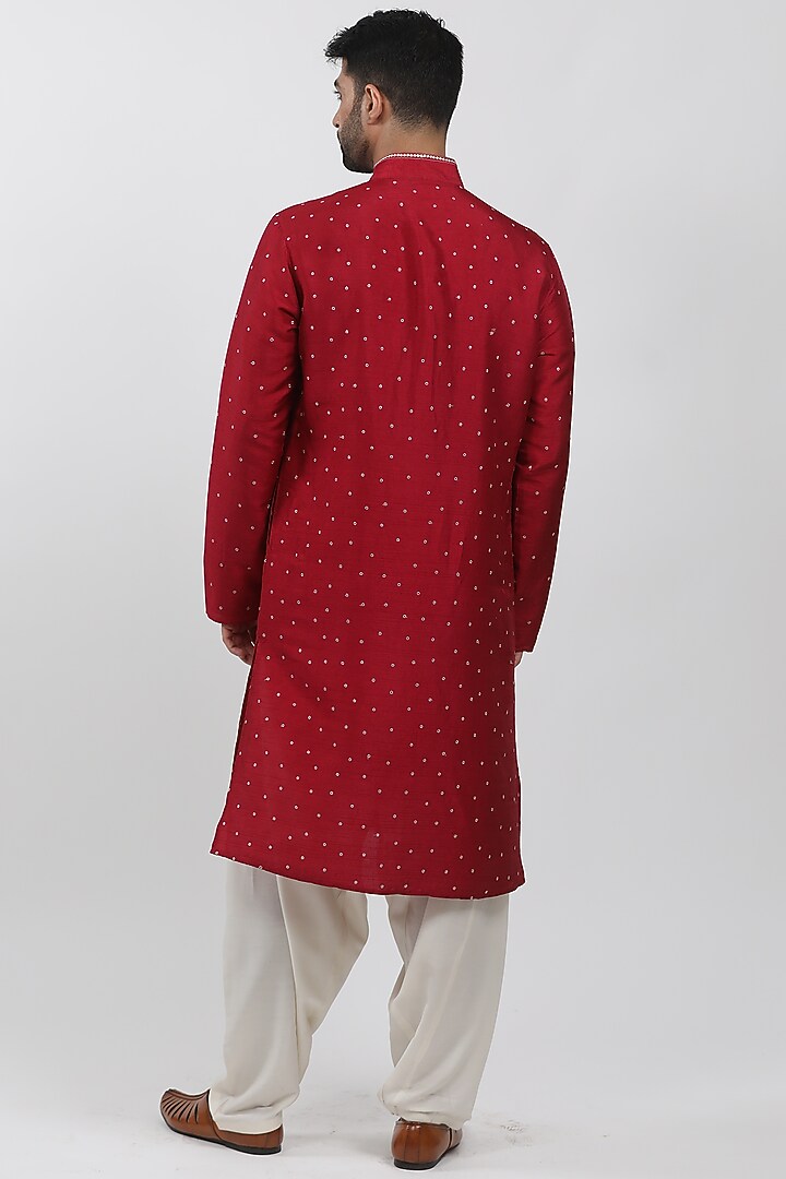 Red Tussar Embroidered Kurta Set by Krishna Mehta Men at Pernia's Pop Up Shop
