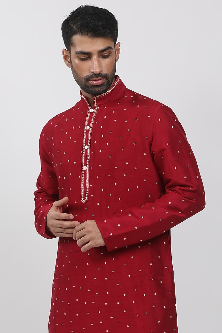 Red Tussar Embroidered Kurta Set by Krishna Mehta Men at Pernia's Pop Up Shop
