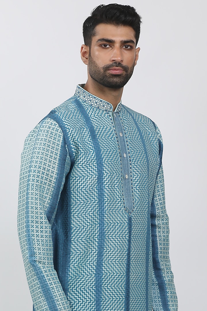Blue Tussar Tie-Dye Kurta Set by Krishna Mehta Men at Pernia's Pop Up Shop
