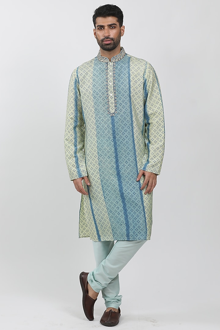 Light Blue & Pista Tussar Tie-Dye Kurta Set by Krishna Mehta Men at Pernia's Pop Up Shop