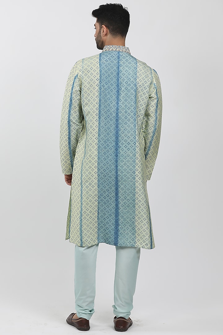 Light Blue & Pista Tussar Tie-Dye Kurta Set by Krishna Mehta Men at Pernia's Pop Up Shop