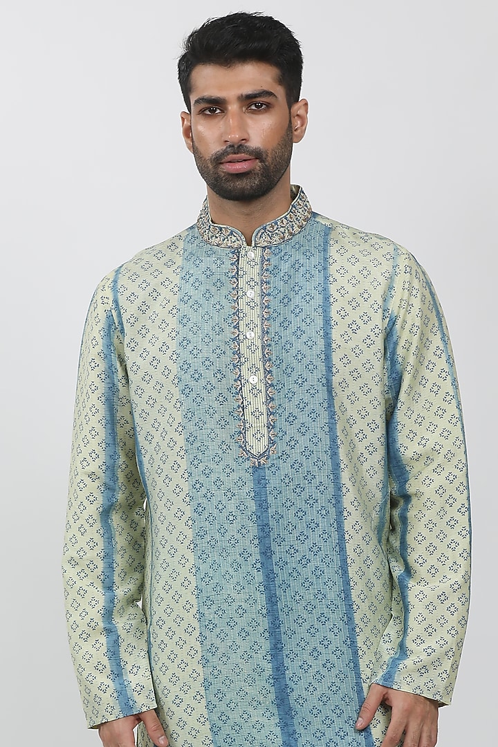 Light Blue & Pista Tussar Tie-Dye Kurta Set by Krishna Mehta Men at Pernia's Pop Up Shop