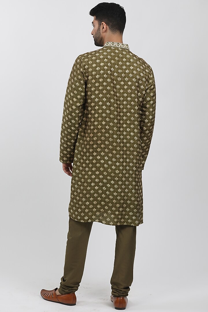 Olive Tussar Hand Block Printed Kurta Set by Krishna Mehta Men at Pernia's Pop Up Shop
