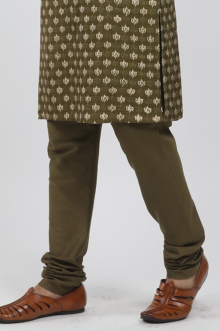 Olive Tussar Hand Block Printed Kurta Set by Krishna Mehta Men at Pernia's Pop Up Shop