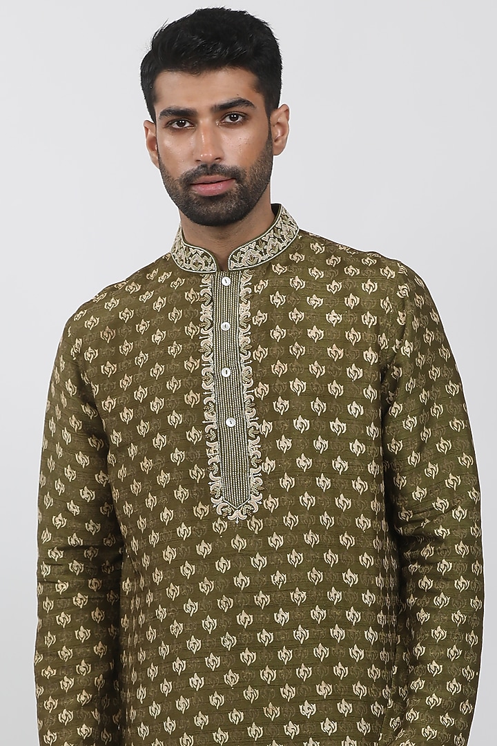 Olive Tussar Hand Block Printed Kurta Set by Krishna Mehta Men at Pernia's Pop Up Shop