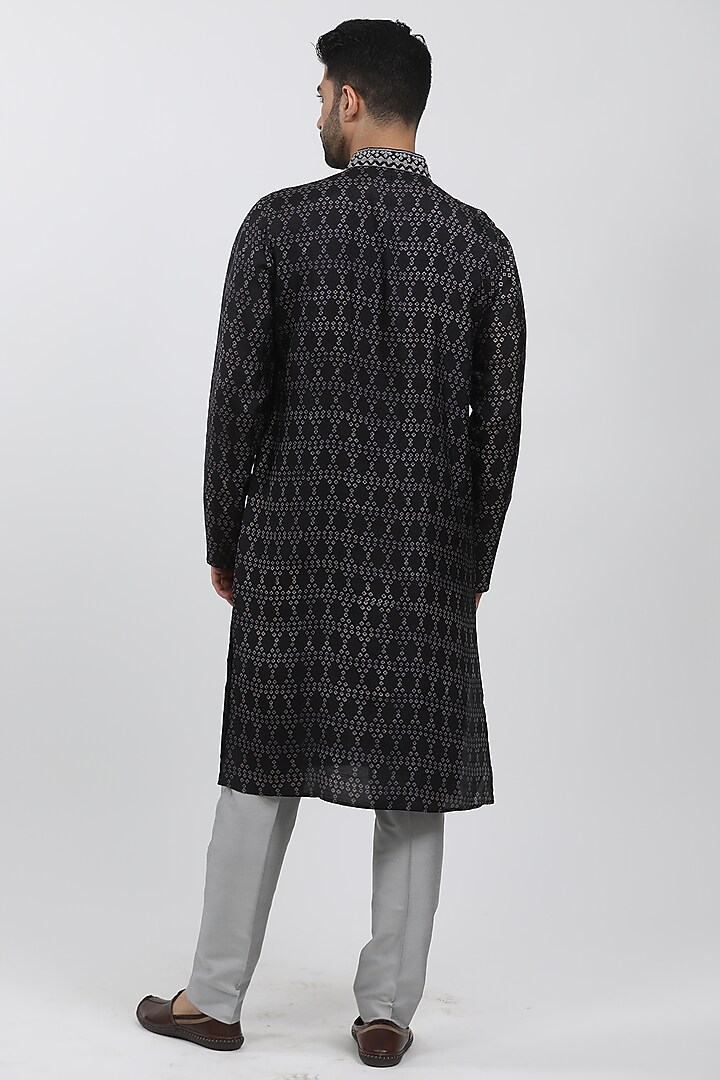 Black Tussar Hand Block Printed Kurta Set by Krishna Mehta Men at Pernia's Pop Up Shop