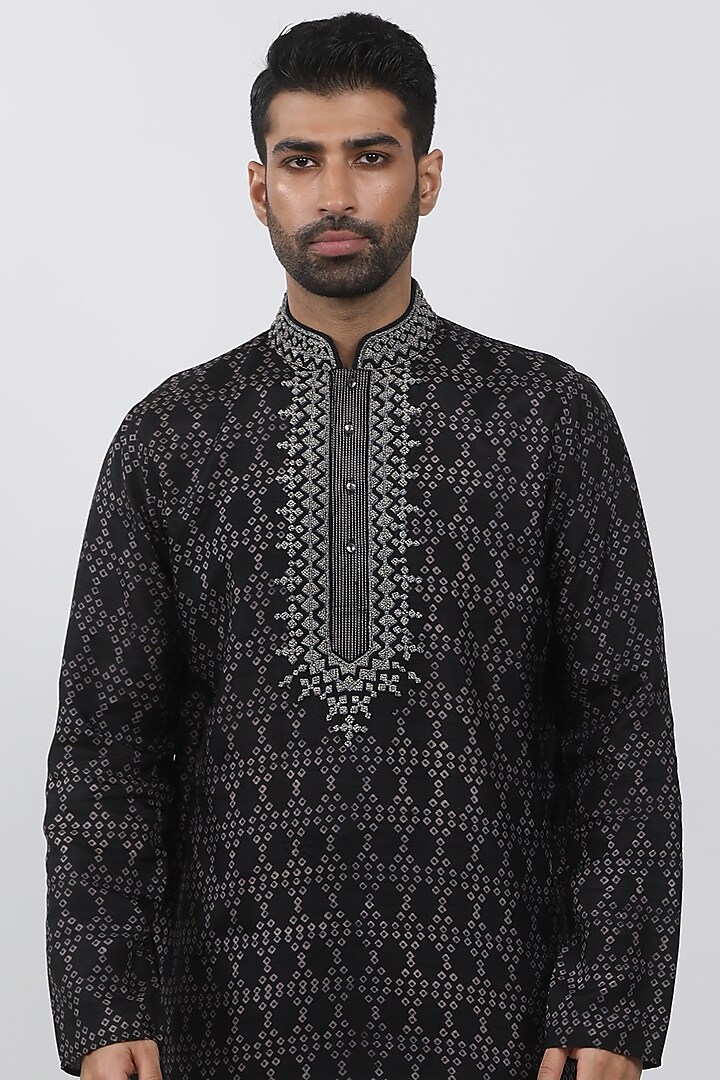 Black Tussar Hand Block Printed Kurta Set by Krishna Mehta Men at Pernia's Pop Up Shop