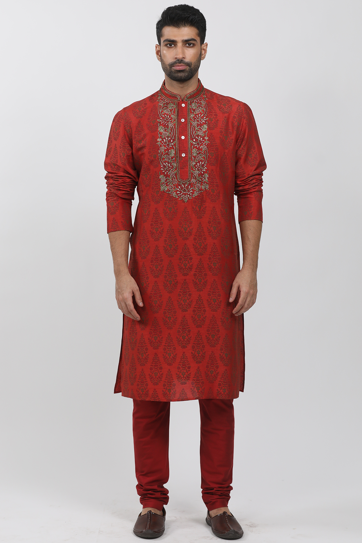 Red Tussar Floral Block Printed Kurta Set by Krishna Mehta Men at Pernia's Pop Up Shop