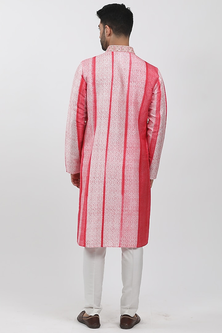 Pink & Red Tussar Hand Block Printed Kurta Set by Krishna Mehta Men at Pernia's Pop Up Shop
