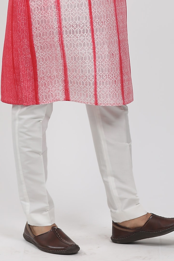 Pink & Red Tussar Hand Block Printed Kurta Set by Krishna Mehta Men at Pernia's Pop Up Shop