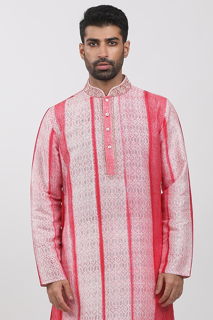 Pink & Red Tussar Hand Block Printed Kurta Set by Krishna Mehta Men at Pernia's Pop Up Shop