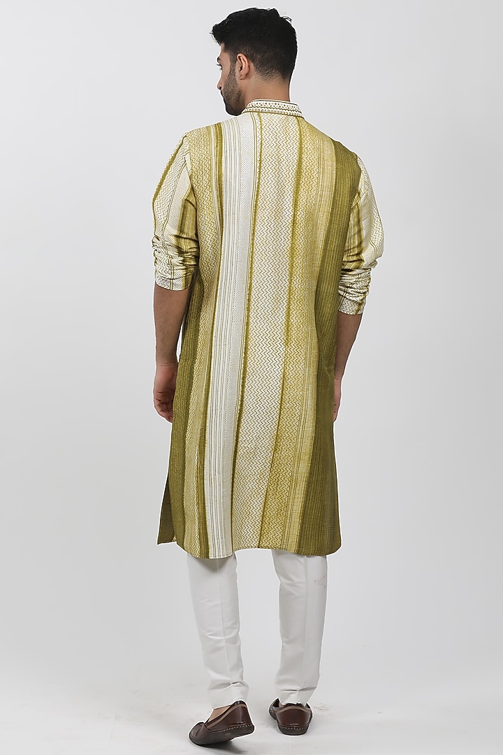Olive Tussar Hand Block Printed Kurta Set by Krishna Mehta Men at Pernia's Pop Up Shop