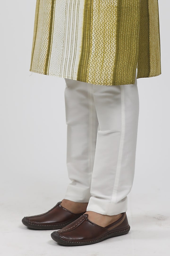 Olive Tussar Hand Block Printed Kurta Set by Krishna Mehta Men at Pernia's Pop Up Shop