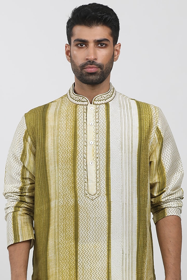 Olive Tussar Hand Block Printed Kurta Set by Krishna Mehta Men at Pernia's Pop Up Shop