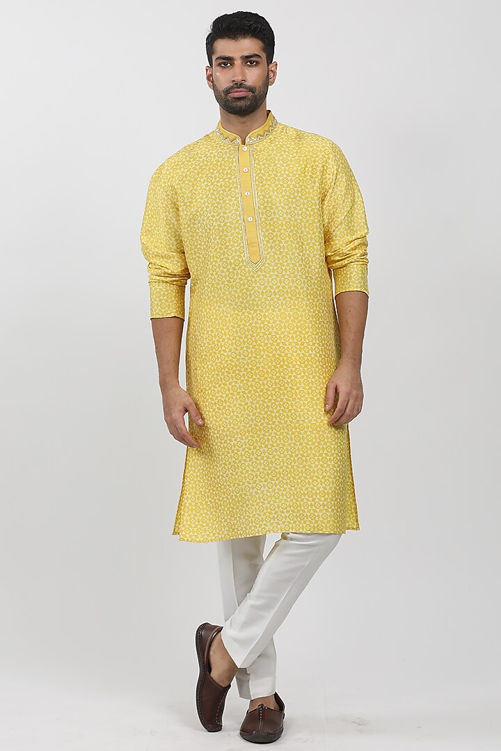 Yellow Tussar Hand Block Printed Kurta Set by Krishna Mehta Men at Pernia's Pop Up Shop