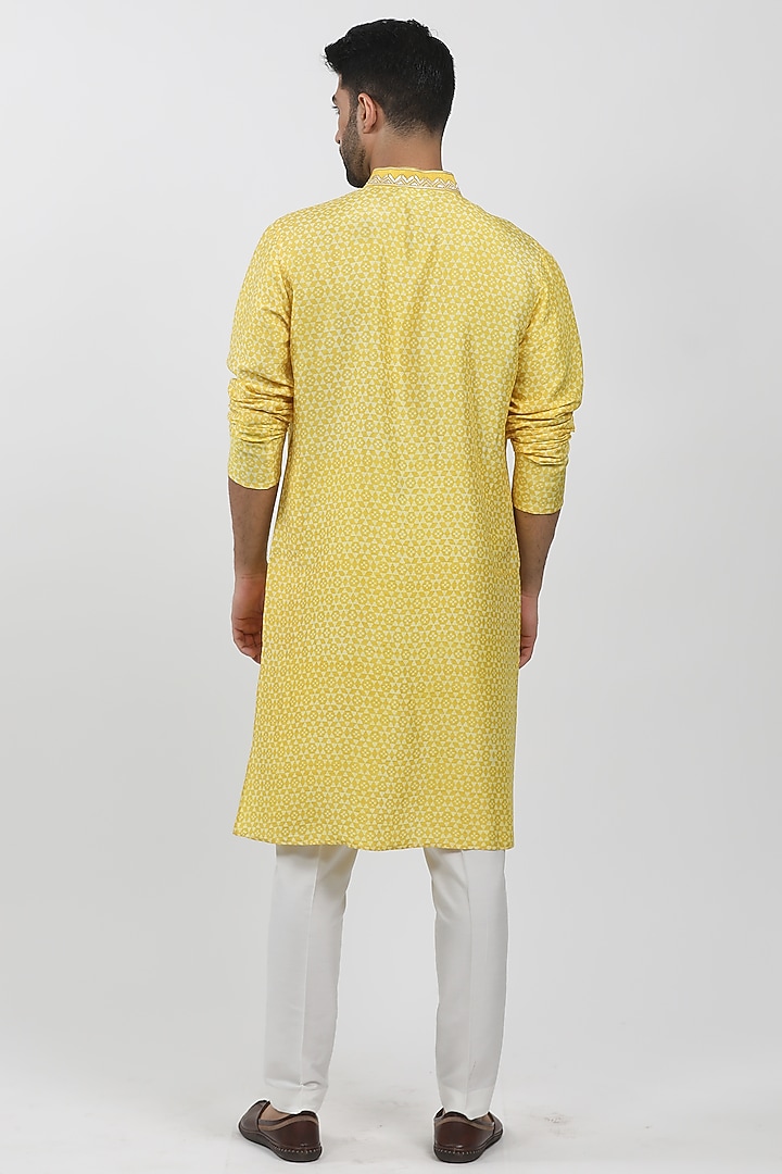 Yellow Tussar Hand Block Printed Kurta Set by Krishna Mehta Men at Pernia's Pop Up Shop