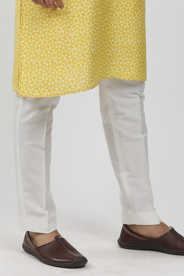 Yellow Tussar Hand Block Printed Kurta Set by Krishna Mehta Men at Pernia's Pop Up Shop
